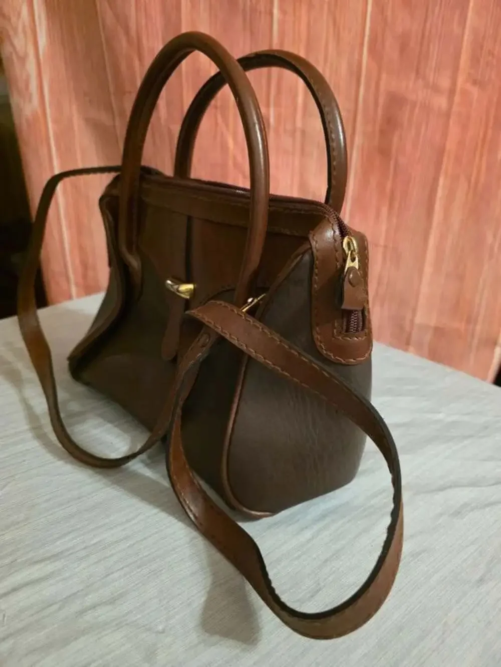 Vintage Two-Tone Brown & Olive Satchel Bag - Double Handles & Crossbody Strap